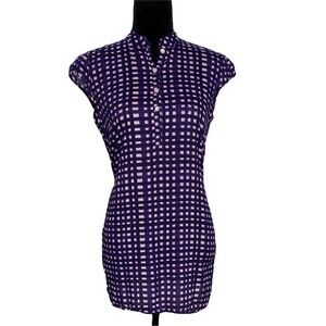 Roberta‎ Freyman XS Tunic Top Purple White Tie Dye Squares Attached Belt Cap SL